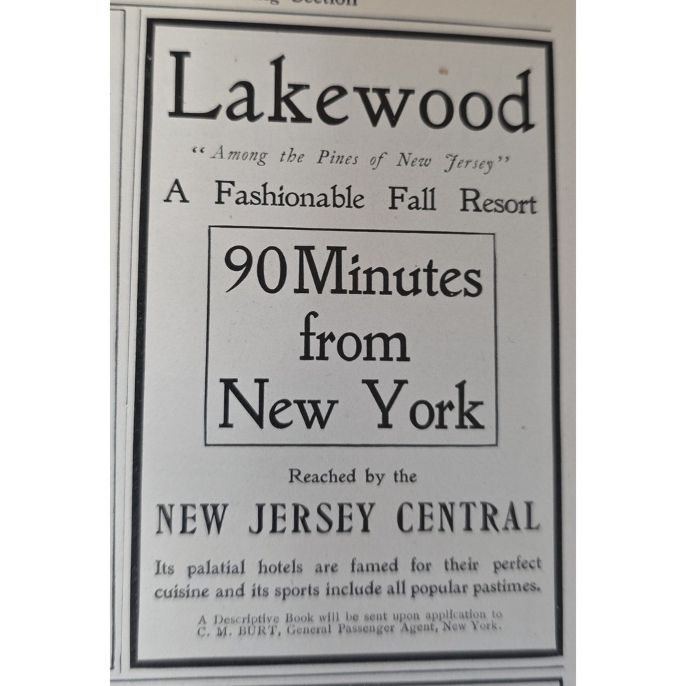 1903 Lakewood New Jersey Central Railroad Print Ad Fashionable Fall Resort NJ